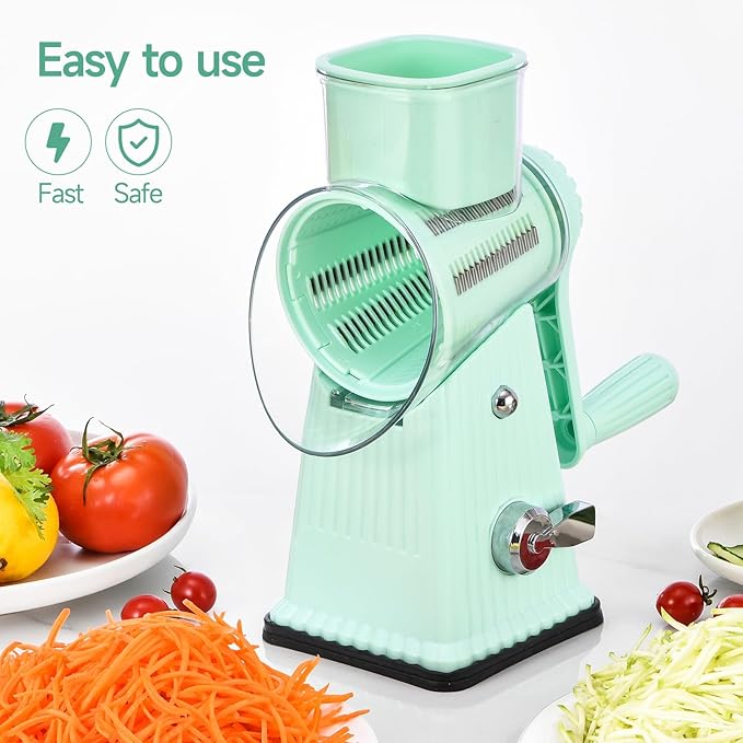 Xilrvna Rotary CheeseGrater, Vegetable Shredder 5 in 1 CheeseGraterwithHandleedderReinforcedSuction,EasytoClean,KitchenChopperforCrushed Ice,Fruits and Nuts with Blade Storage Case（Green）