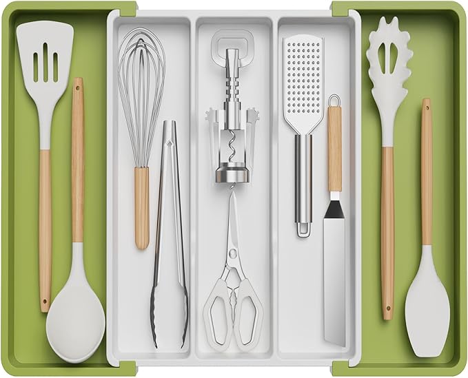 Lifewit Utensil Organizer for Kitchen Drawers, Expandable Cooking Utensil Tray, Adjustable Cutlery Silverware Flatware Holder, Spatula Tools and Gadgets Storage Divider, 13"-22.4" x 15", Green&White