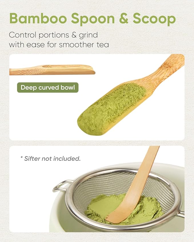 Matcha Whisk and Holder Set, Bamboo Brush, Scoop, Tea Spoon and Ceramic Whisk Stand, Traditional Green Tea Making Kits