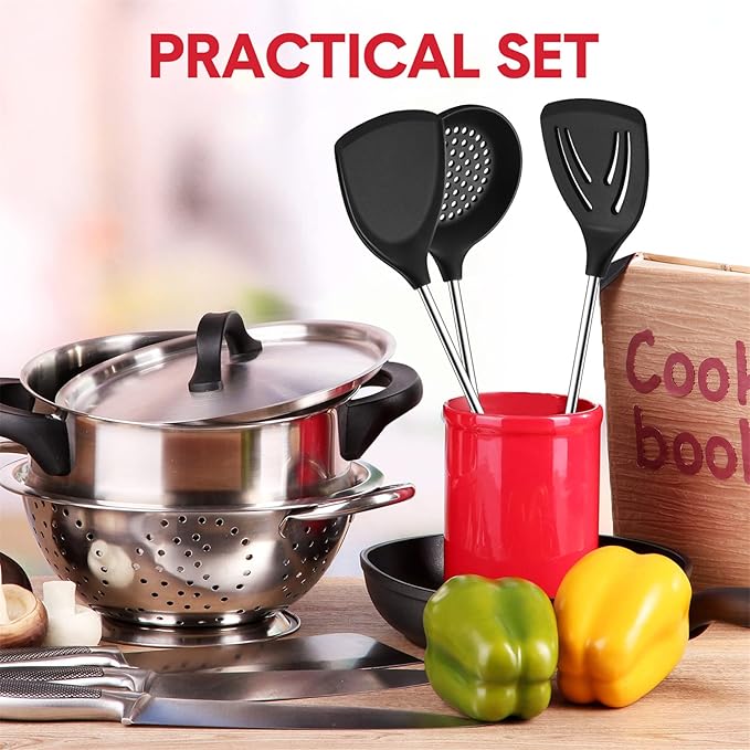 3 Pieces Silicone Stainless Steel Turner Spatula Set Includes Flexible Silicone Wok Spatula Slotted Spatula Skimmer Slotted Spoon for Nonstick Cookware Cooking Baking Supplies