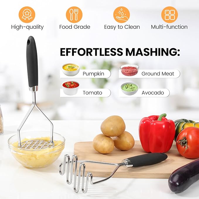 2Pcs Potato Masher, Premium Stainless Steel Mashed Potato Masher Kitchen Tool with Silicone Handle, Integrated & Wire Food Smasher Set for Mashing Potatoes, Veggies, Fruits, Avocado, Meat