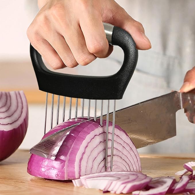 Hendiy Onion Slicer Holder, Large Onion Holder for Slicing Stainless Steel Tomato Cutter Vegetable Slicer Cutter Holder for Potato and Avocados, Eggs, Assistant Tool for Slicing Lemon