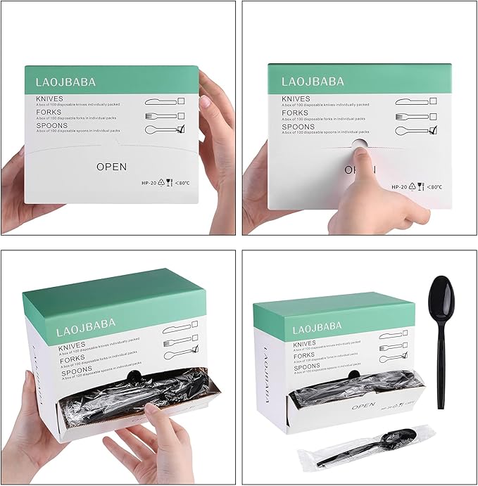 Plastic Spoons Disposable Individually Packaged Spoons Black 7-Inch Commercial Take Away,Super Hard Mass Heavy Individually Wrapped 100 PCS