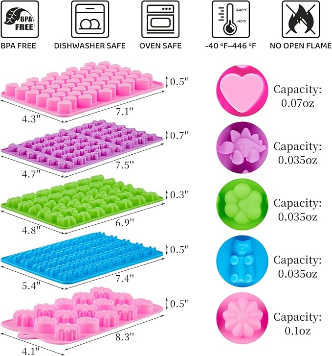 Gummy Candy Molds with 2 Droppers, Silicone Molds Include Bear, Dinosaur, Heart, Flower, Paw, 5 Pcs, 210 Cavities