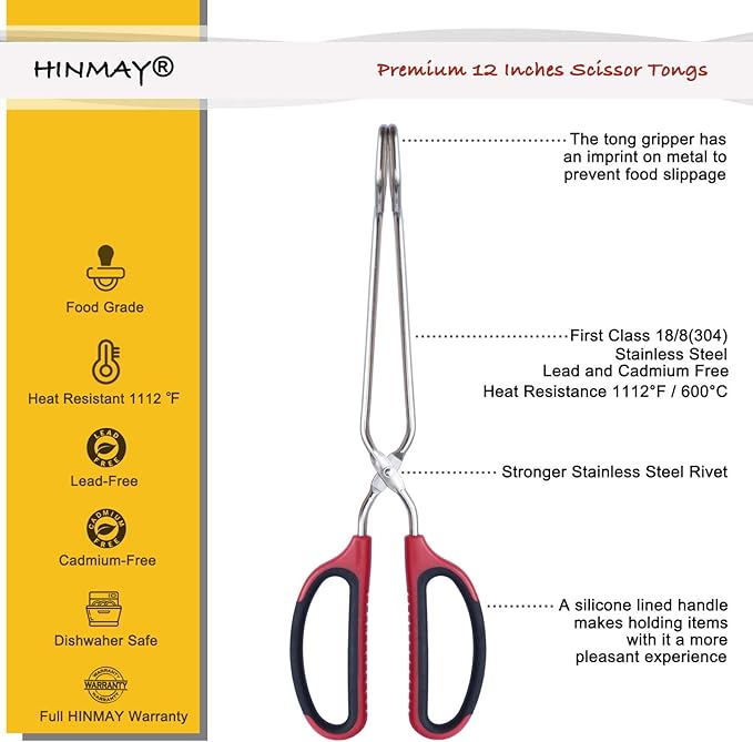 Stainless Steel Scissor Tongs with Comfort-Grip Handle 12-Inch, Set of 2