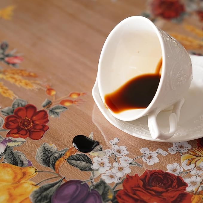 Clear Table Cover Protector Vinyl PVC Rectangle Table Cloth with Floral Fruit Pattern Oil Spill Proof Plastic Tablecloths for Dining Tables Parties Holidays (Floral Fruit, 55 x 120 Inches)