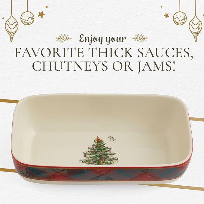 Spode Christmas Tree Tartan Cranberry Sauce Serving Dish with Slotted Spoon (8"x 4.25") - Rectangular Holiday Server with Plaid Border - Dishwasher, Microwave, Freezer Safe Serveware for Entertaining