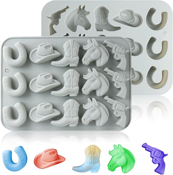 2 Pack Cowboy Chocolate Molds, Western Theme Silicone Mold Baking with Cowboy Hat, Cowboy Boot and Horse, Suitable for Making Chocolate, Candy, Cakes, Cupcakes, And Cookies Soaps (Grey-1PCS)