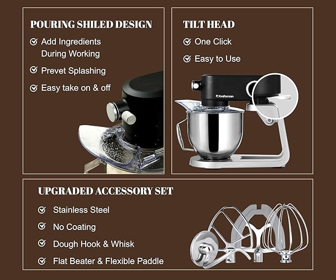 Stand Mixer All Metal - Heavy Duty Kitchen Standing Mixer 5.3 Quart with 4 Stainless Steel Attachments, DC Motor & Multifunctional Power Hub, 8-Speed & Timer, Lower Noise (Black)