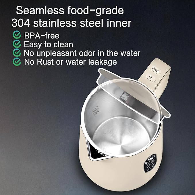 1.5L Electric Kettle Stainless Steel, Double Wall Cool Touch Teapot, Fast Boil,5 Temperature Control, LED Display, Auto Shut-Off,Keep Warm Function,Cream White