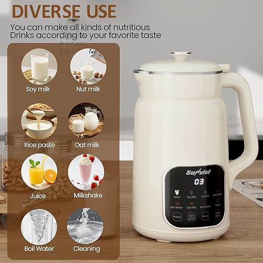 60oz Nut Milk Maker Machine: 8 in 1 Soy Milk Maker with Delay Start/Keep Warm/Self Clean, Food Processor for Soy/Nut/Oat Milk, Juice, Milkshake, Rice Paste and Boil Water, Kitchen Blender