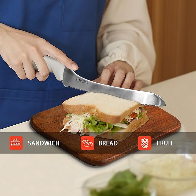 9 Inch White Offset Serrated Bread Knife Wavy Edge knife, High Carbon Stainless Steel Multi-Purpose Kitchen Knife for Homemade Bread, Crusty Breads, Cake, Bagel