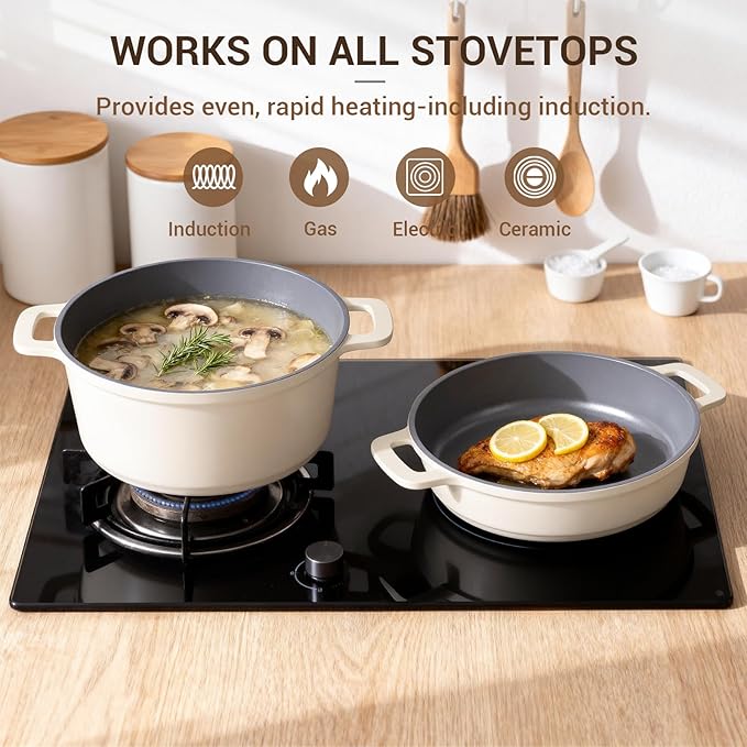 Ammeloo 8-Piece Non Stick Stock Pot with Lid, Ceramic Cooking Pot Set, 4.5 Qt All-in-One Non Toxic Soup Pot for All Stoves, Easy to Clean & Dishwasher Safe, Oven Safe, Induction Ready, PFOA PFAS Free