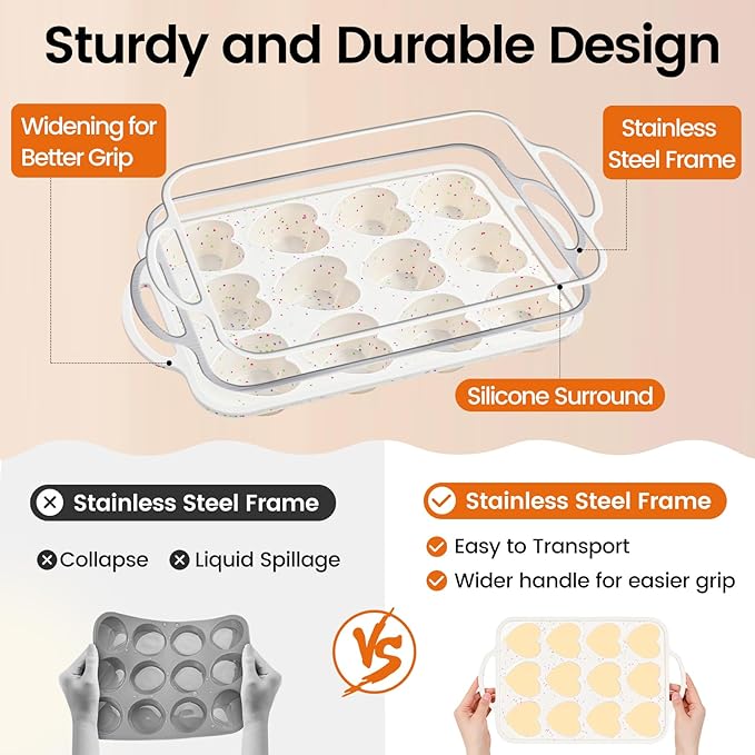 Premium Silicone Heart-Shaped Baking Mold with Metal Reinforced Frame – 1 Pack Non-Stick Cupcake & Muffin Pan for Baking Chocolate, Egg Bites & Brownies – BPA Free, Dishwasher & Oven Safe