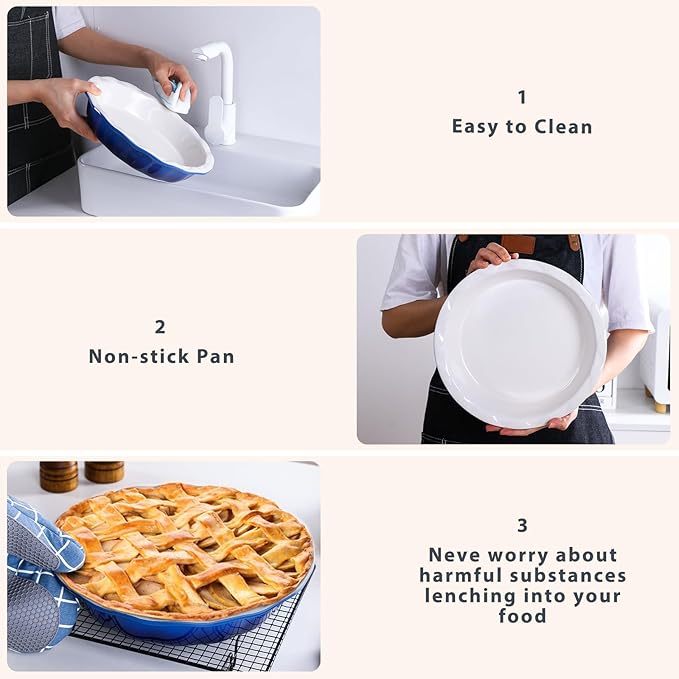 Lareina Ceramic 9 Inch Deep Dish Pie Pans, Set of 2, Blue, Non-Stick, Oven & Dishwasher Safe, Ideal for Baking Pies, Quiches, Cakes