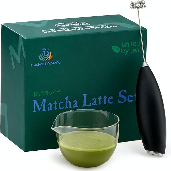 Small Matcha Set 2 Pcs - Matcha Whisk Set includes Milk Frother Wand(uninclude Batteries) and Bowl, The Perfect Matcha set for Green Tea (Glass-1)