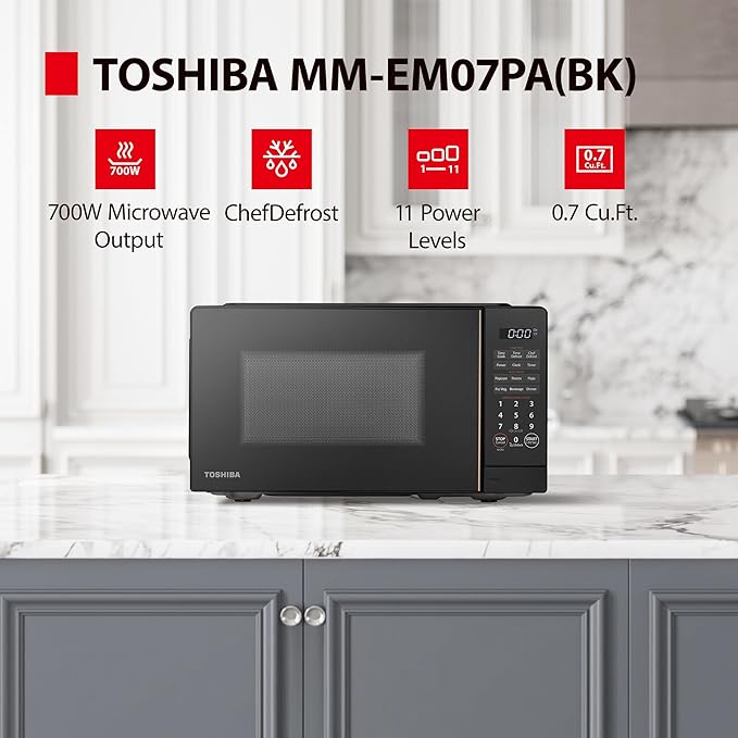 TOSHIBA Small Microwave Oven with 11 Power Levels, ChefDefrost, Sound On/Off & Eco Mode, 0.7 Cu Ft, 700W, Black, MM-EM07PA(BK)