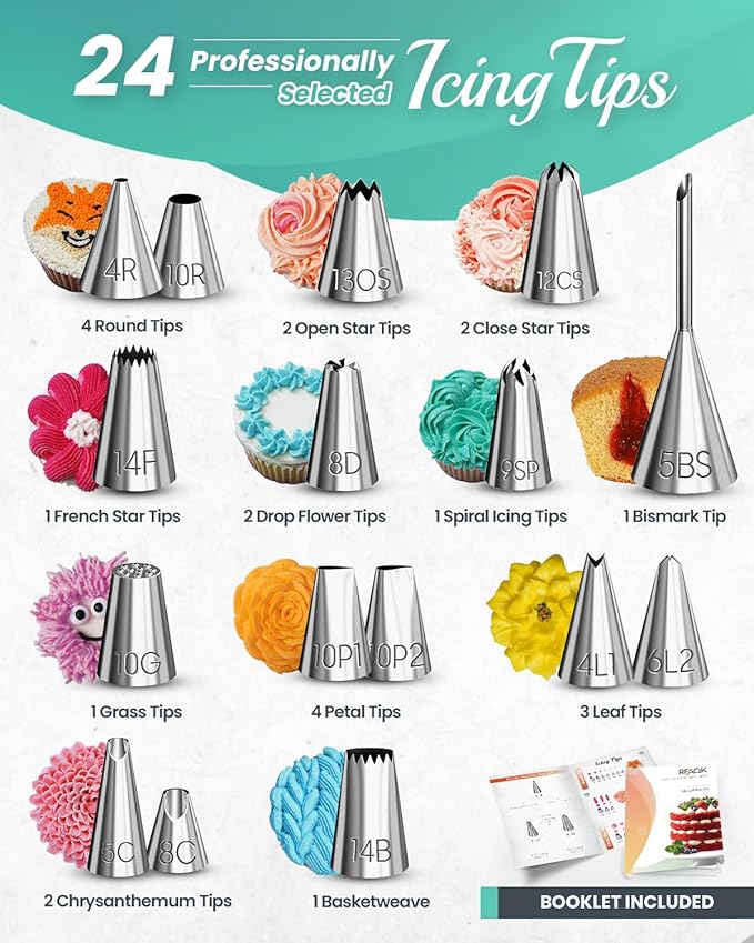 RFAQK 64PCs Cake Decorating Kit with Leveler, Baking Supplies Gift Includes Cake Stand Turntable, 24 Numbered Icing Tips, 30+1 Piping Bags, 2 Frosting Spatulas, 3 Scrappers, Video Course & Booklet