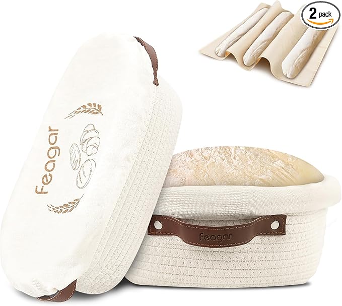 Feagar Banneton Bread Proofing Basket Set - 2 Pack Oval Cotton Rope Bread Basket with Liners, Covers & Proofing Cloth for Artisan Bread Baking, Sourdough Bread Baking Supplies