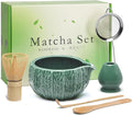 Matcha Whisk Set, Cactus Dark Green Ceramic Matcha Set Includes Matcha Bowl, Matcha Whisk (Chasen) and Holder, Sifter, Bamboo Scoop & Spoon - 6 Pcs Matcha Kit for Matcha Lovers