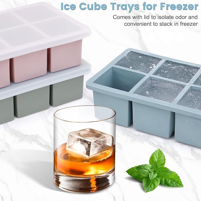 Large Silicone Ice Cube Tray 3Pack, SAWNZC Big Square Ice Cube Molds for Whisky Cocktail, Ice Maker Tray with Lid for Freezer, Easy Release (3, Blue+Green+Pink)