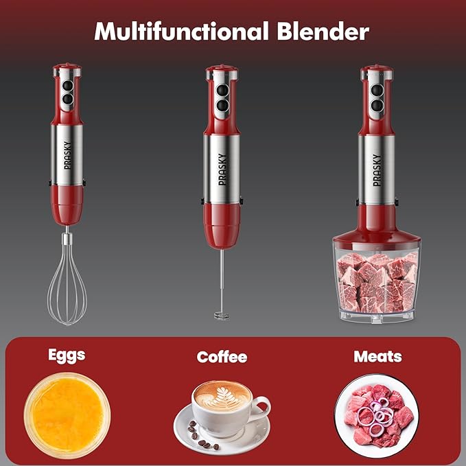 Immersion Blender Handheld，1200W Hand Blenders, 20 Speed & Turbo Mode Hand Held Blender, Stainless Steel Blades, Milk Frother Wand, Whisk, 600ml Beaker, 500ml Chopper (Red)
