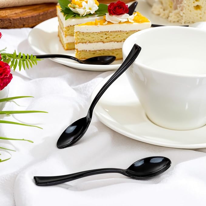 WDF 300 Pieces Black Plastic Mini Spoons-4 Inches Black Plastic Tasting Spoons for Desserts-Heavy Duty Plastic Spoons Perfect for Coffee/Cake/Desserts/Appetizers for New Year/Graduation/Wedding