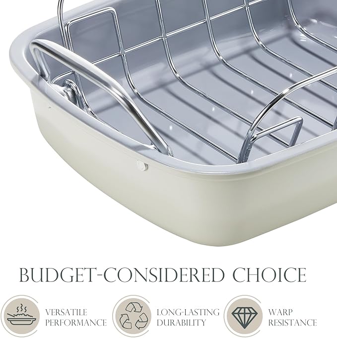 KITESSENSU Nonstick Turkey Roasting Pan with Rack 17 x 14 inch - Large Chicken Roaster Pan for Oven - Wider Handles & Heavy Duty Construction - Suitable for 24lb Turkey, Cream