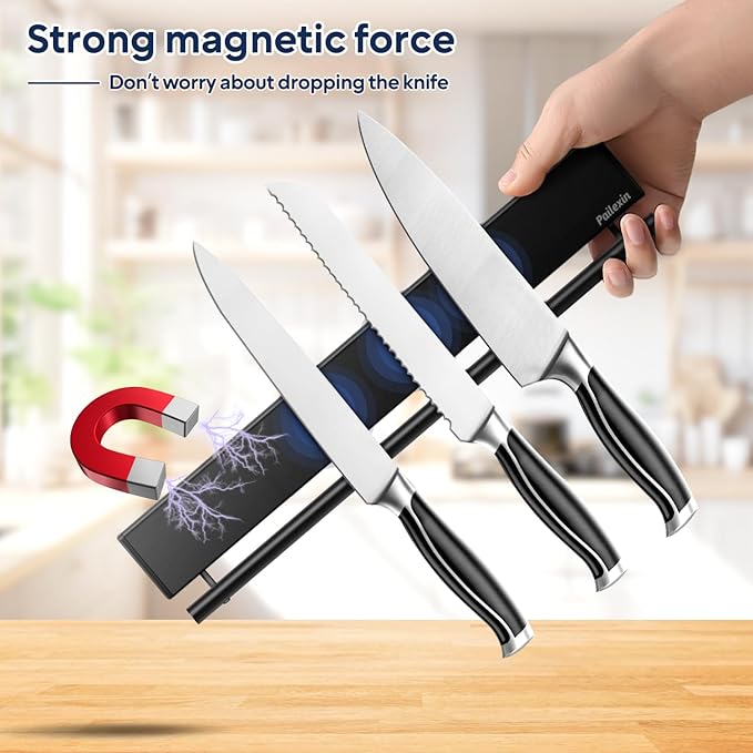 12 Inch Magnetic Knife Holder with 5 Hooks, No Drilling Black Magnetic Strip and Utensil Hanger for Wall