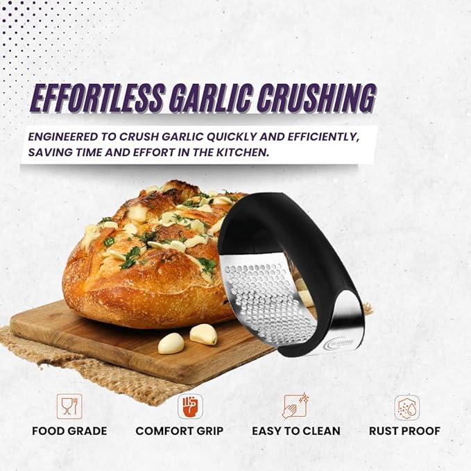 Garlic Press Rocker Set- Premium Garlic Crusher- Innovative & Fast Garlic mincer- Peeler and Scraper Included- Comfortable Grip