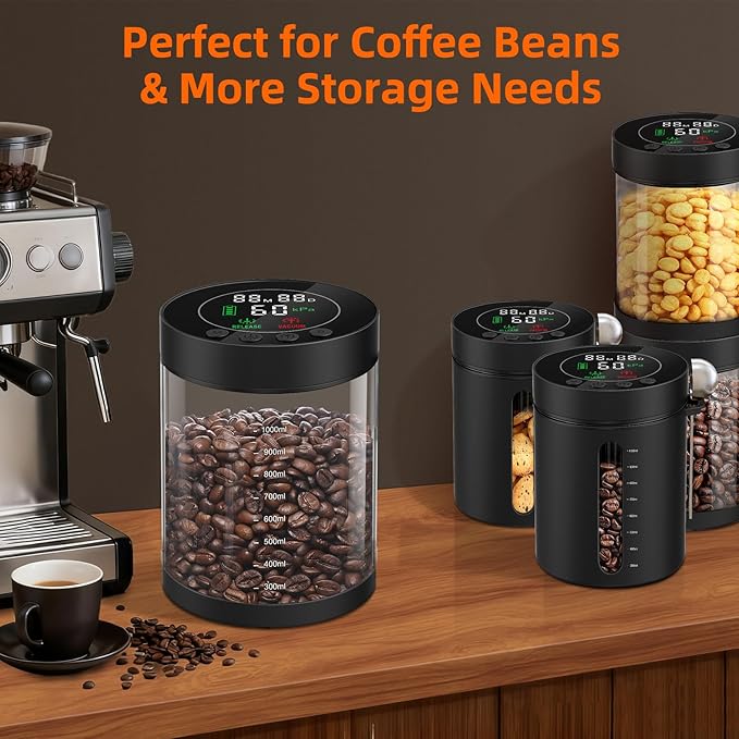 Electric Vacuum Coffee Canister, 1.3L Glass Airtight Food Storage Containers with Smart Pressure Sensor, Automatic Coffee Bean Container Rechargeable with LED Display Window for Kitchen Food Storage
