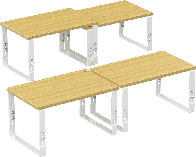 Kitchen Cabinet Organization Shelf，Set of 2 Height Adjustable Storage Racks，Stackable，Expandable，Countertop Shelves Organizer，Pantry Shelving（2PACKS/Medium/White