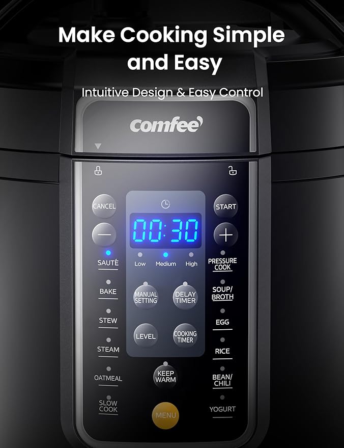 COMFEE’ 9-in-1 Electric Pressure Cooker 13 Presets Instant Multi Cooker Olla de Presion Slow Cooker Rice Cooker Steamer Sauté Yogurt Maker Non-Stick Pot 6 Quart Black, Aluminum