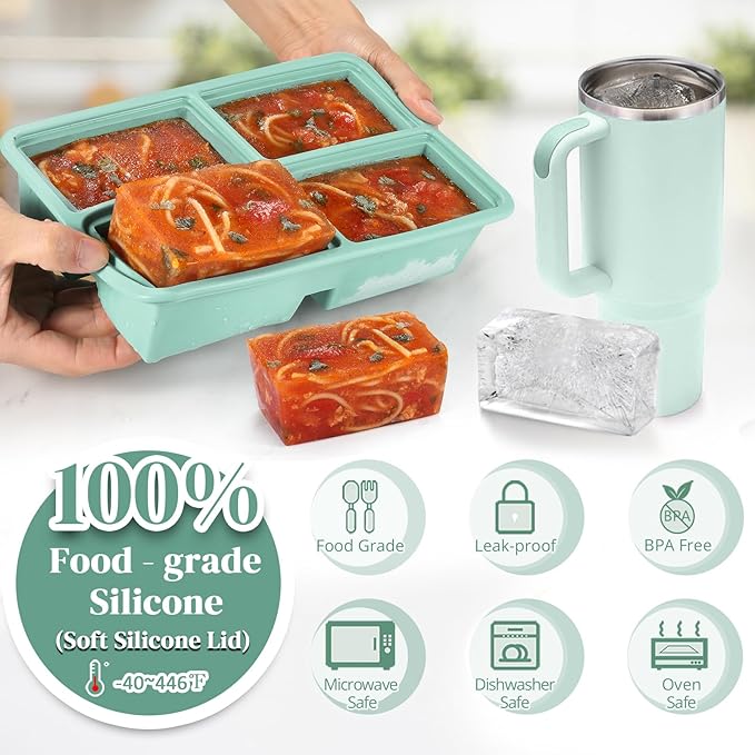 2 PACK 1 Cup Silicone Freezer Trays With Lid For Freeze & Store Soup, Broth, Leftovers, Microwave-safe Soup Freezer Container - Green