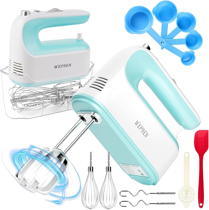 Hand Mixer Electric Handheld, 5-Speed Handheld Mixer, 380W Electric Mixer with Stainless Steel Whisk Beater Attachments, Snap-On Storage Case, Measuring Cups, Kitchen Cake Mixers for Baking Supplies