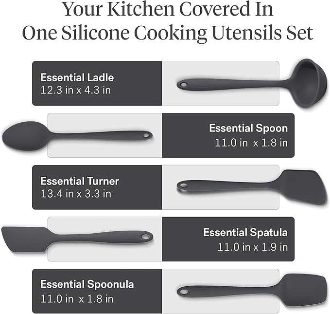 GIR: Get It Right 5 Piece Silicone Essentials Kitchen Utensils Set - Ladle, Spatula, Flip, Spoon & Spoonula - Non-Toxic Cooking Utensils for Nonstick Cookware, Cooking and Baking - Charcoal