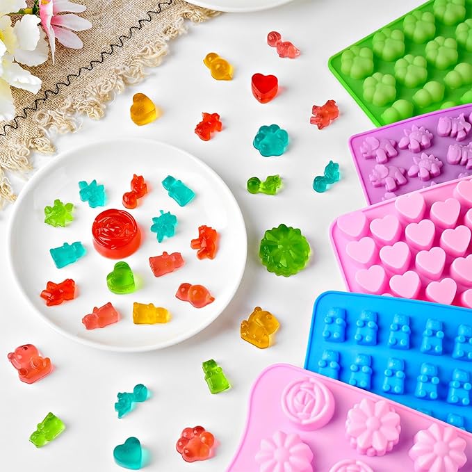 Gummy Candy Molds with 2 Droppers, Silicone Molds Include Bear, Dinosaur, Heart, Flower, Paw, 5 Pcs, 210 Cavities