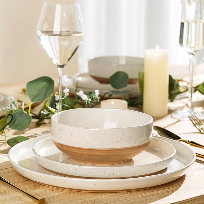 AmorArc Ceramic Dinnerware Sets with Pasta Bowls for 6, Handpainted Plates and Bowls Set with Rustic Terracotta Underside, Scratch Resistant Dishes Set, Dishwasher & Microwave Safe, 24 Pcs