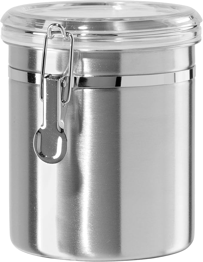 OGGI Stainless Steel Kitchen Canister 52 fl oz - Airtight Clamp Lid, Clear See-Thru Top - Ideal for Kitchen Storage, Food Storage, Pantry Storage. Large Size 5" x 6".