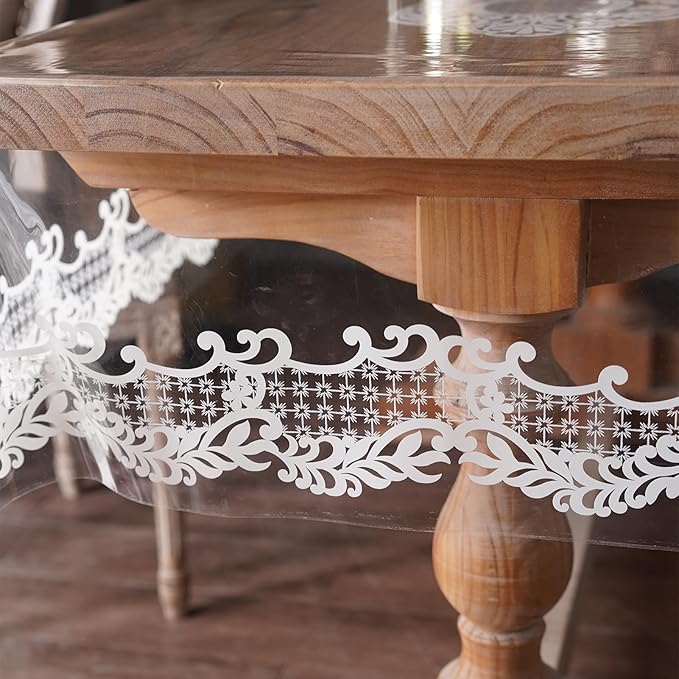 Rectangle Waterproof Clear Table Cover Protector Vinyl Table Cloth Oil Spill Proof Wipe Clean Lace Plastic Tablecloths for Dining Tables (White, 60 x 104 Inches)