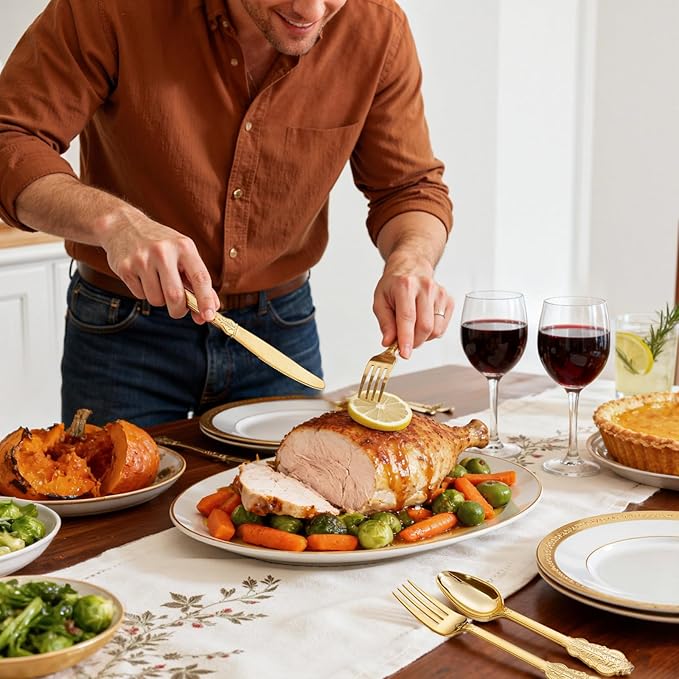 WDF 200 Pieces Gold Plastic Silverware Disposable - 50 Guests Heavy Duty Thanksgiving Gold Plastic Cutlery - Disposable Utensils Includes 100 Forks, 50 Spoons, 50 Knives Perfect for Party/Weeding