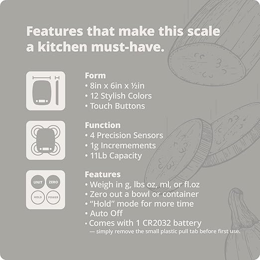 Greater Goods Slim Digital Kitchen Scale 11lb/5kg – Compact Food Scale with 1g Increments for Everyday Cooking, Baking & Meal-Prep, Lightweight Plastic Design, Non-Backlit Display, Battery Included