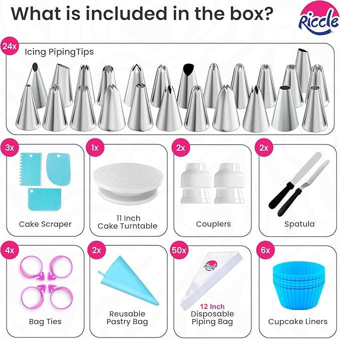 Riccle 94 pcs Cake Decorating Kit with Cake Turntable - Includes 50pcs 12 Inch Disposable + 2 Reusable Piping Bags and Tips Set, 24 Icing Piping Tips, 2 Spatulas, 3 Icing Comb Scraper, 6 Cake Liners