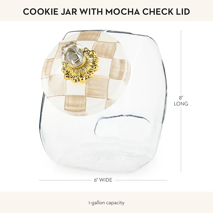 MACKENZIE-CHILDS Cookie Jar with Enamel Lid, Large Glass Treat Jar or Kitchen Jar, 1-Gallon Capacity, Brown-and-White Mocha Check