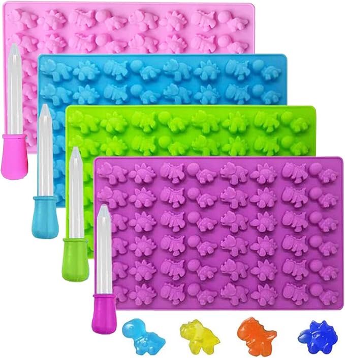 KRLIFCSL Mini Gummy Dinosaur Silicone Candy Molds, Non-Stick Chocolate Molds for Making Fruit Gummies, Chocolates, Vitamin Candy, Party Novelty Gift, Pack of 4 with 4 Droppers (Mini Dinosaur)