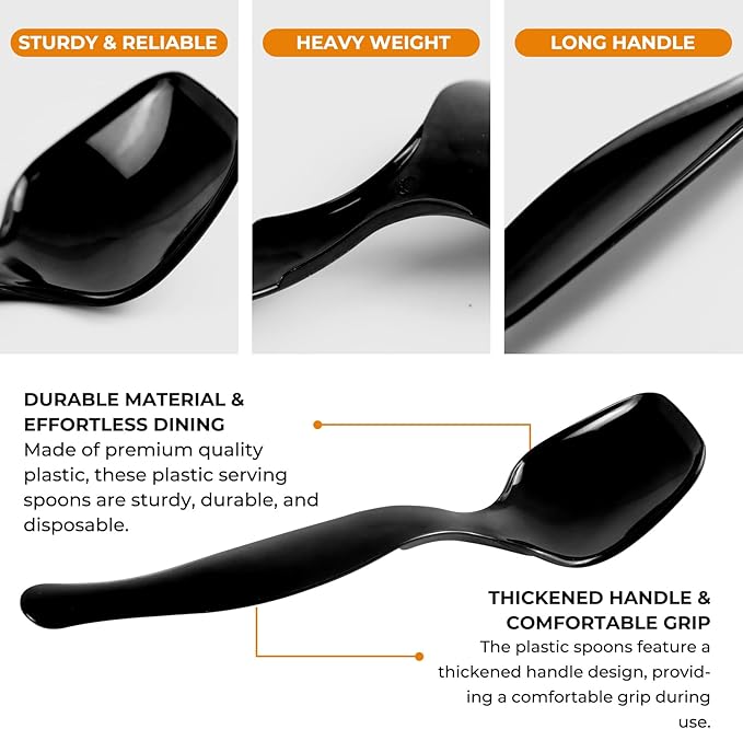 18 Count Disposable Black Plastic Serving Spoons for Buffet, Large Serving Spoons Heavy Duty Disposable Serving Utensils for Catering Wedding Holiday Party Events (Black, 18pcs spoons)