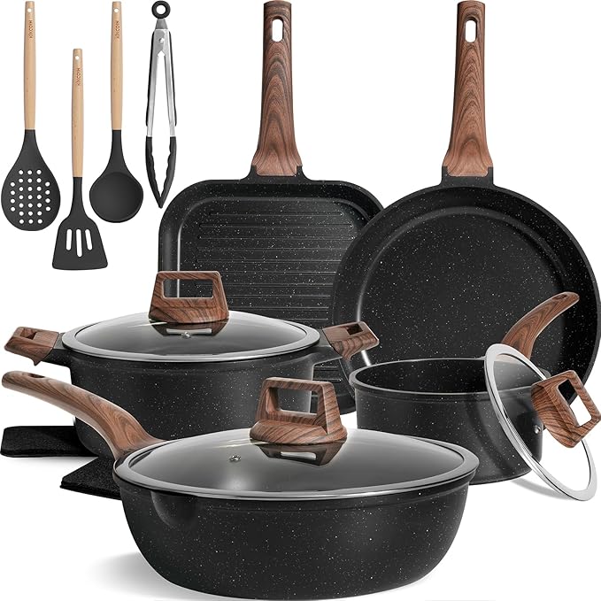 Kikcoin 16Pcs Pots and Pans Set Nonstick Ceramic Cookware Sets Induction Kitchen Cooking Set Non toxic Healthy Non Stick w/Grill Pan, Saute Pan, Black