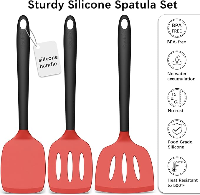 Coukre Silicone Spatula Set of 3, High Heat Resistant, BPA-Free, Kitchen Utensils, Fish Spatula, Solid & Slotted Turner for Non-Stick Pans, Flipping Eggs, Pancakes, Fish, Burgers (3, Red)