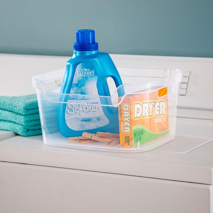 Sterilite 7 x 11 x 14.25 Inch Polished Open Scoop Front Storage Bin with Comfortable Carry Through Handles for Household Organization, Clear (12 Pack)