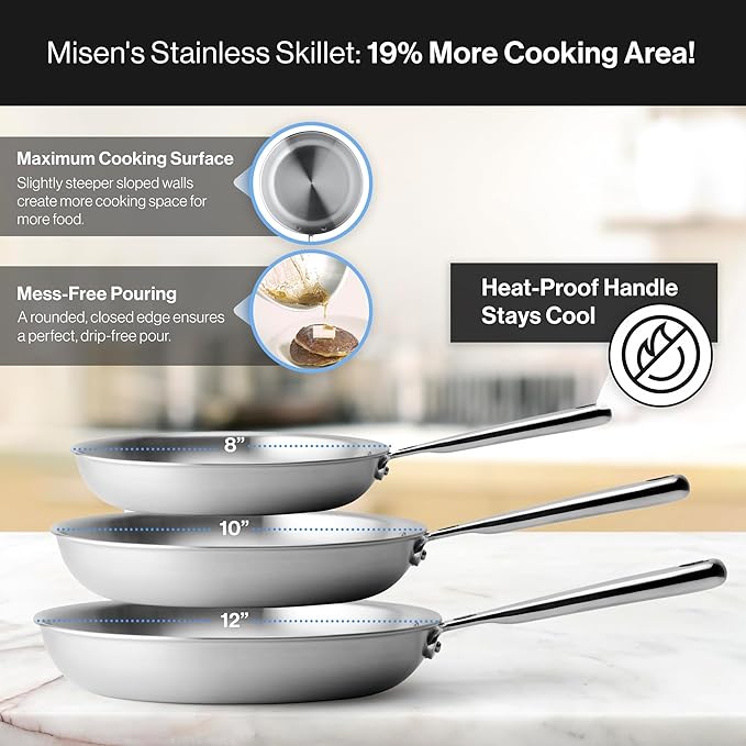 Misen 5-Ply Stainless Steel 10" & 12" Frying Pan Set - Professional Cookware for Induction, Gas and Electric - Dishwasher Safe, Oven Safe to 800°F - Durable, Versatile, Even Heating